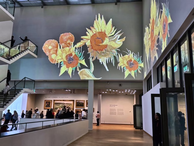 A vibrant display of van gogh's sunflowers is projected on the museum wall captivating visitors in the Van Gogh Museum