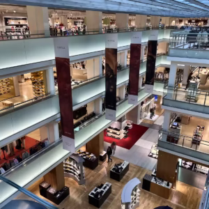 Inside Bijenkorf Amsterdam multiple floors display a variety of fashion items and accessories highlighting the modern retail