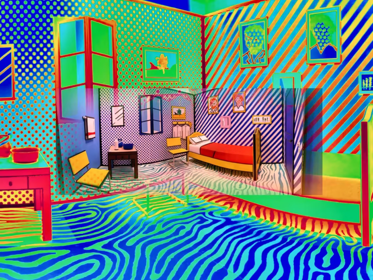 The vibrant room features bold colors and patterns showcasing elements from the Moco museum with playful design