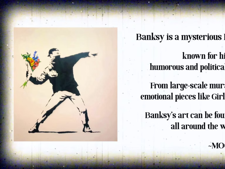 An art piece featuring a figure throwing flowers showcasing the blending of humor and politics in street art at the Moco muse