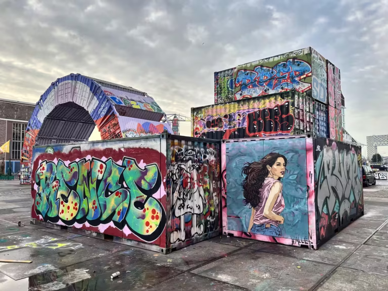 Colorful graffiti covers large shipping containers at NDSM Wharf showcasing various artistic styles and designs in urban art - Unique Experiences