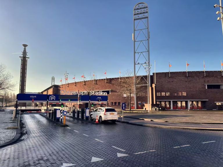 The entrance and flags