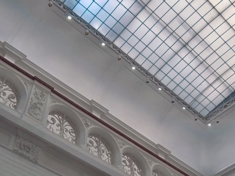 The view of the ceiling at Stedelijk museum showcases a bright airy atmosphere with architectural elements